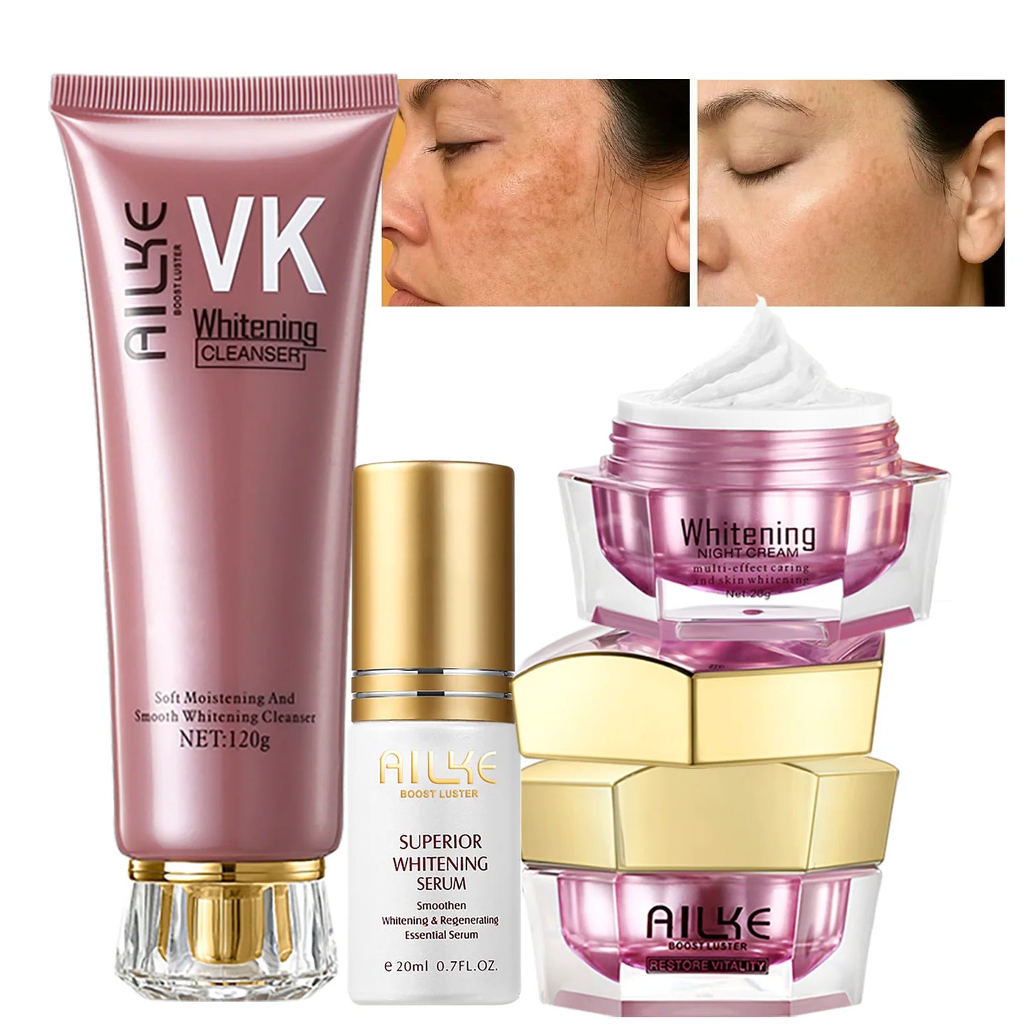 AILKE Lightening Face Care Set For All Skin Types, Whitening, Reduce Freckles, Melanin, Black Spots, Wrinkles, Even Skin Tone