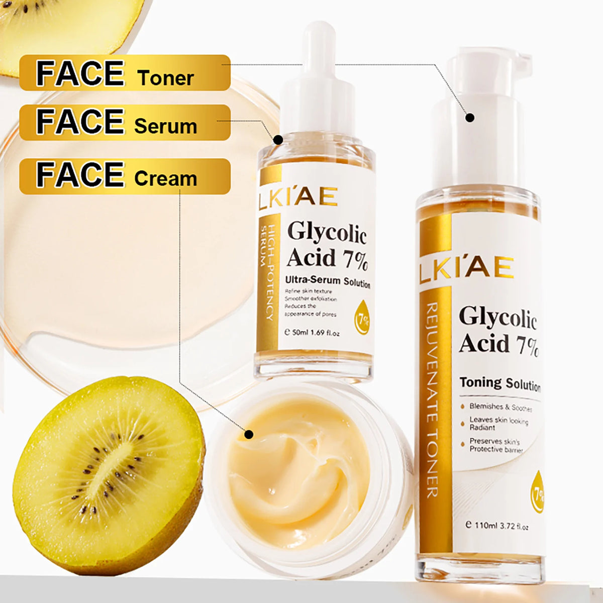 LKIAE Skin Brightener Set, Lightening, Hydration, Clean Stains, Remove Acne, Fine Lines, With Fruit Acid, Centella Asiatica